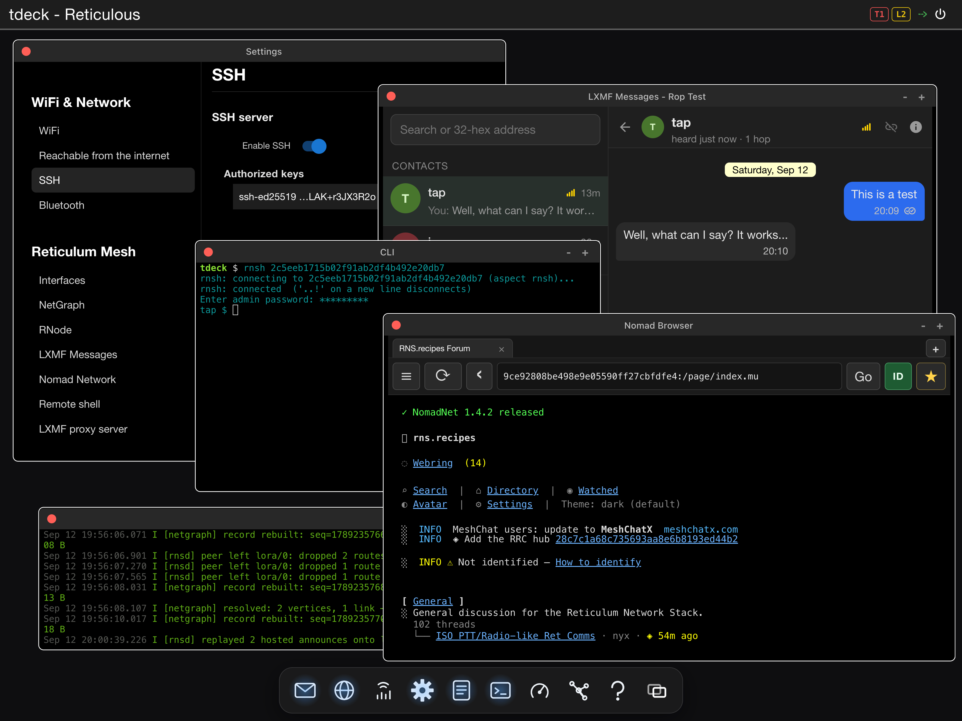 The Reticulous web interface: overlapping windows above a dock, showing the SSH settings pane, an LXMF conversation, a CLI running rnsh into another node, the Nomad Network browser on a forum page, and a live log.